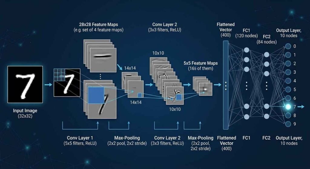CNN architecture showing convolution and pooling layers processing an image